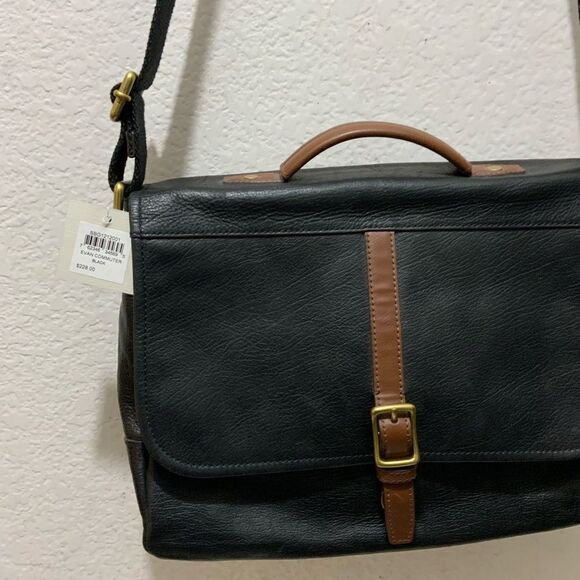Fossil Black Leather Evan Commuter Satchel Messenger Bag New - Picture 4 of 14
